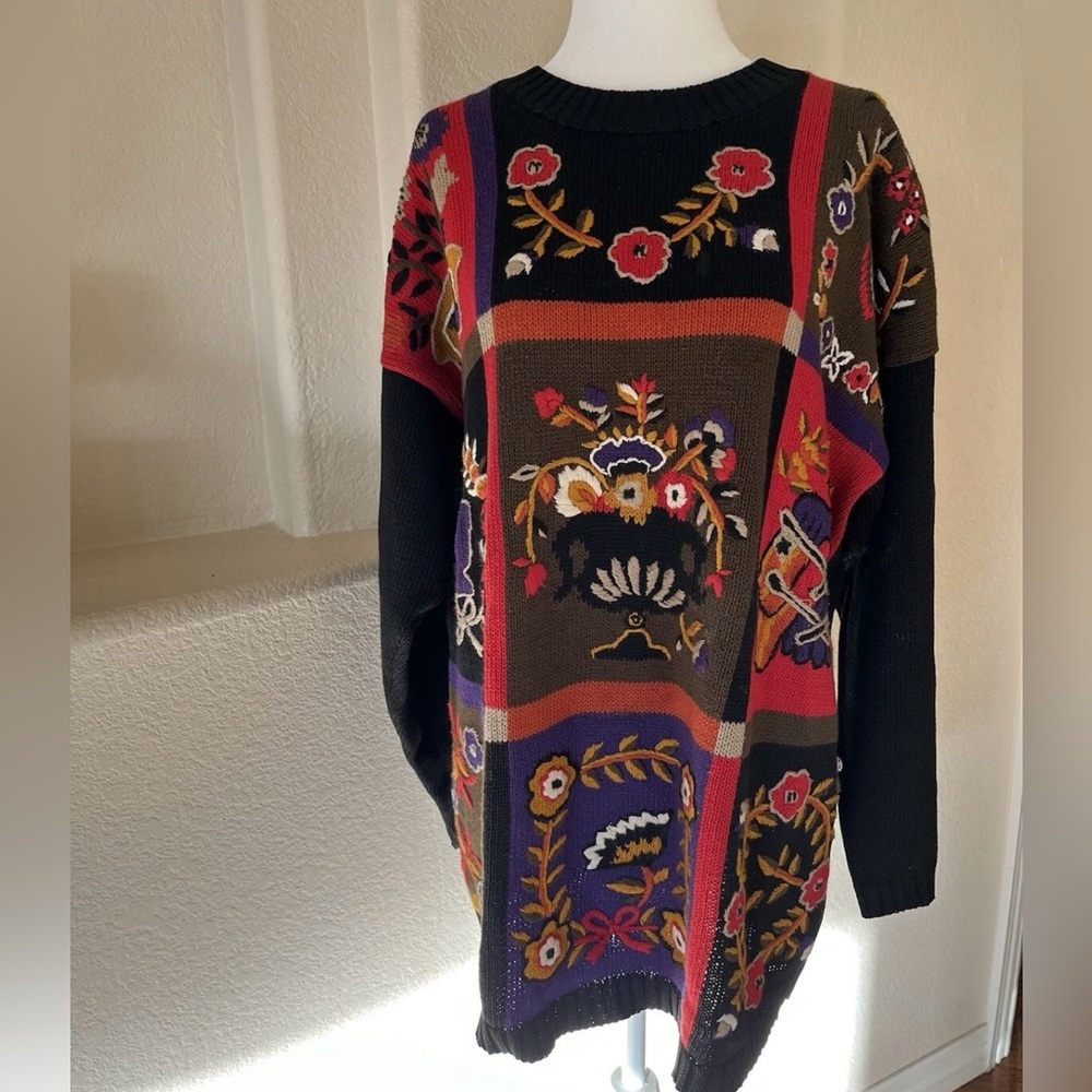 Chaus EUC Womens Large Black Embroidered Sweater Tunic Cotton Vintage Handknit